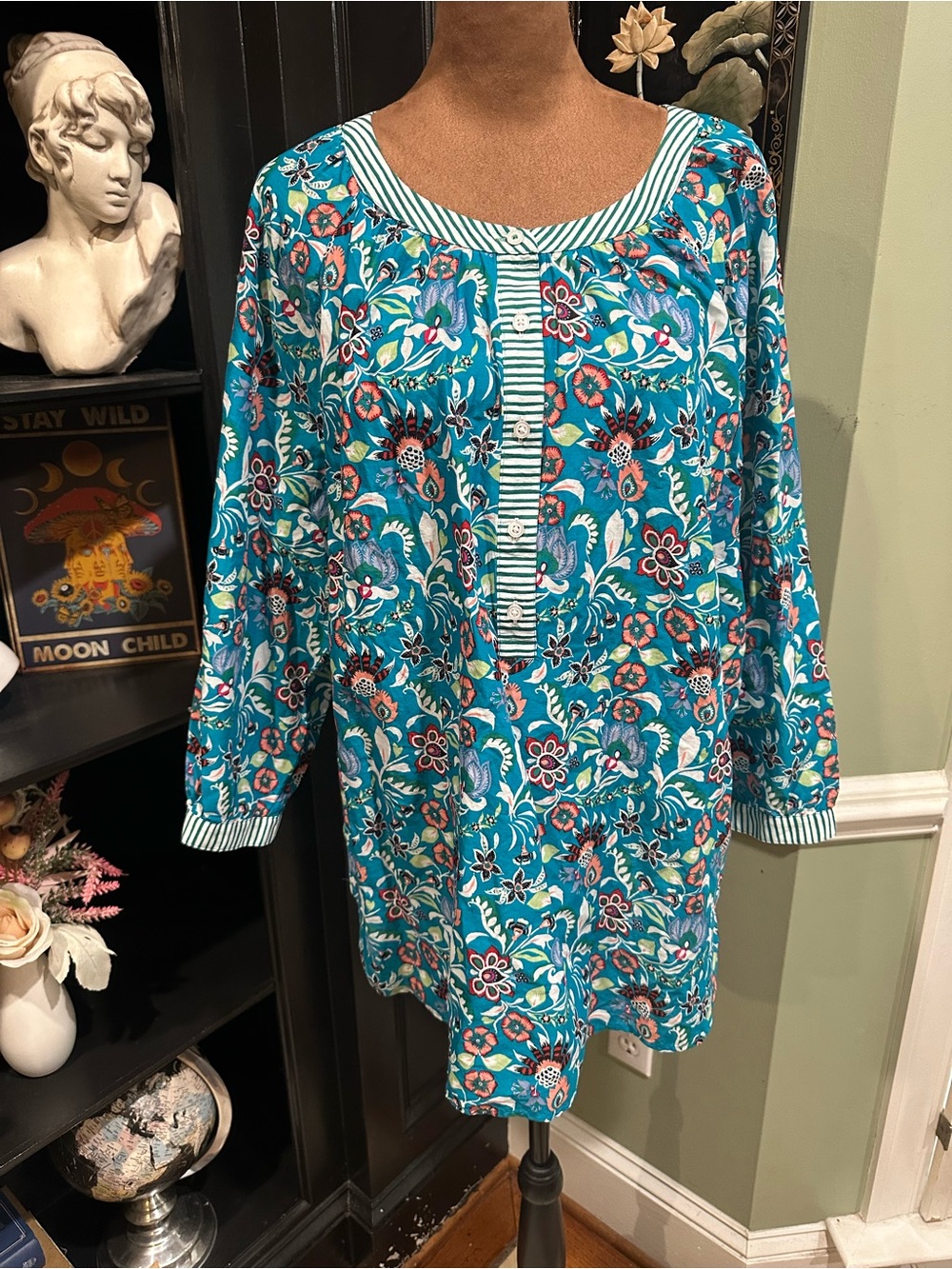 Talbots Band Collar Popover Jacobean Floral Blouse – Size XL (NWT)